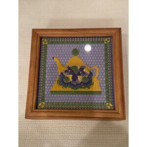 Wooden Jewelry Box With Teapot Needlepoint Design & Hinged Lid